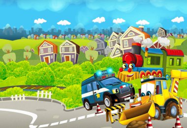 Polis arabası, kazıcı arabası, araba süren ve uçak uçuran komik görünümlü tren - çocuklar için illüstrasyon