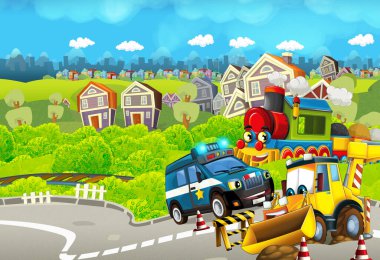 Polis arabası, kazıcı arabası, araba süren ve uçak uçuran komik görünümlü tren - çocuklar için illüstrasyon