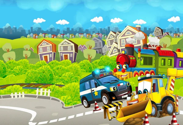 Cartoon funny looking train near the city with police car and excavator digger car driving and plane flying - illustration for children