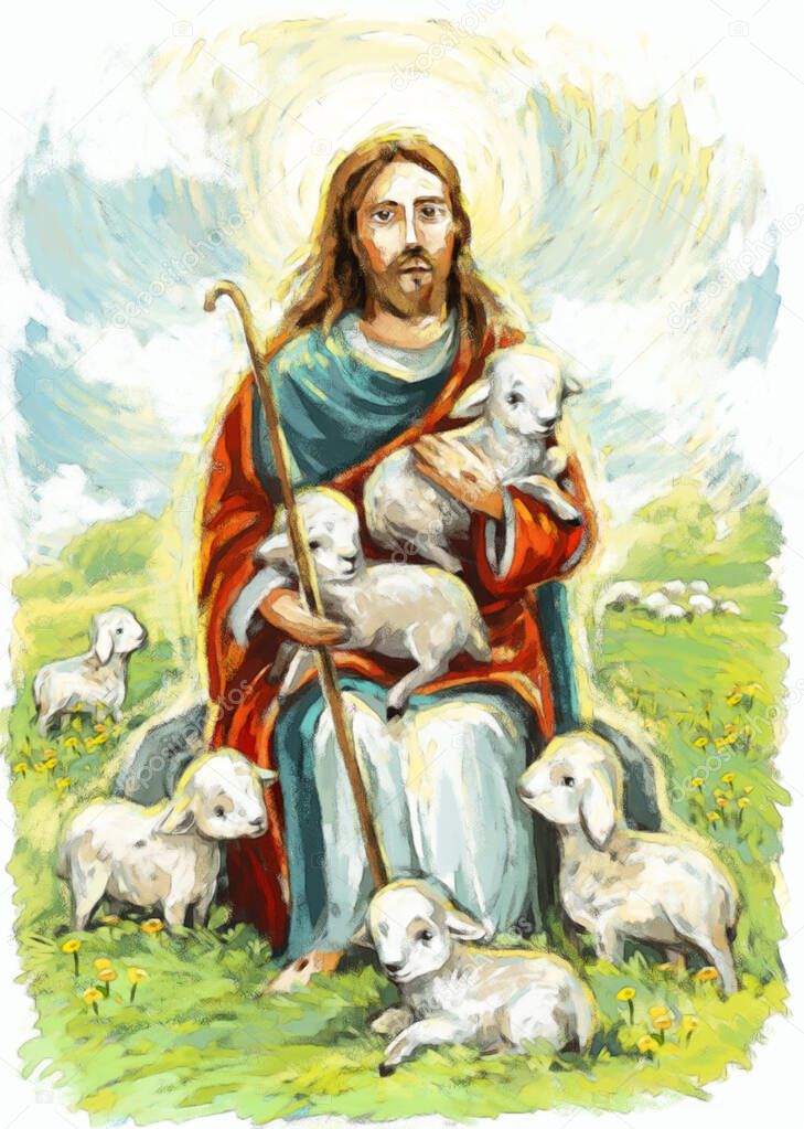 calm jesus messiah and resurrection with nature background - illustration for children