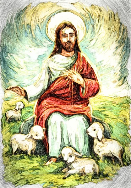穏やかなイエス 救世主と自然を背景に復活 子供のためのイラスト — ストック写真