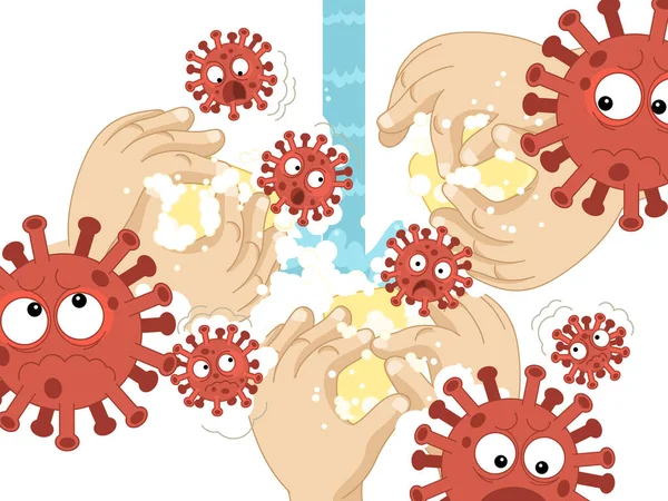 cartoon scene with corona virus and prevention - illustration for children