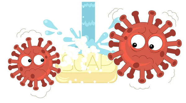 Escena Dibujos Animados Con Virus Corona Prevención Ilustración Para Niños —  Fotos de Stock