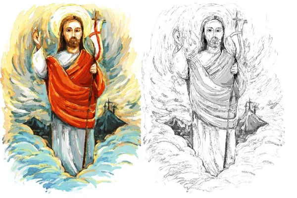 Klidný Ježíš Mesiáš Zvedající Dlaň Ruky Pozadí Ilustrace Pro Děti — Stock fotografie