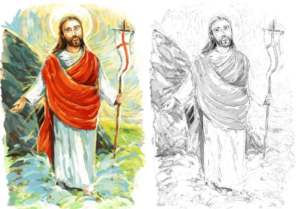Klidný Ježíš Mesiáš Zvedající Dlaň Ruky Pozadí Ilustrace Pro Děti — Stock fotografie