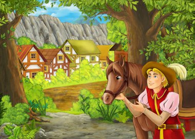 Çiftlik köyüne giden yolu gösteren karikatür yaz sahnesi - olay yerinde kimse yok- çocuklar için illüstrasyon