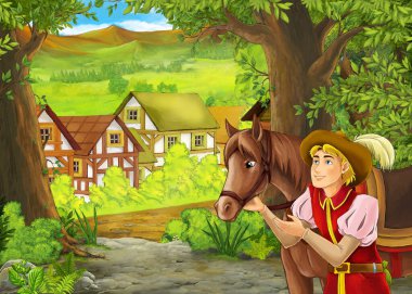 Çiftlik köyüne giden yolu gösteren karikatür yaz sahnesi - olay yerinde kimse yok- çocuklar için illüstrasyon