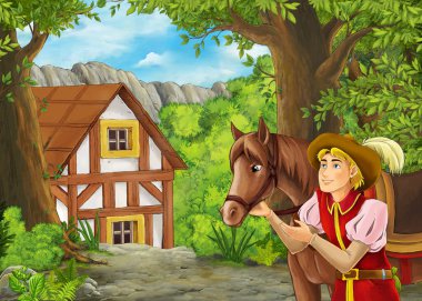 Çiftlik köyüne giden yolu gösteren karikatür yaz sahnesi - olay yerinde kimse yok- çocuklar için illüstrasyon