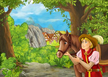 Çiftlik köyüne giden yolu gösteren karikatür yaz sahnesi - olay yerinde kimse yok- çocuklar için illüstrasyon