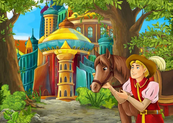 卡通自然场景与美丽的城堡 儿童插图 — 图库照片