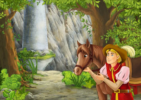 卡通自然场景与美丽的城堡 儿童插图 — 图库照片