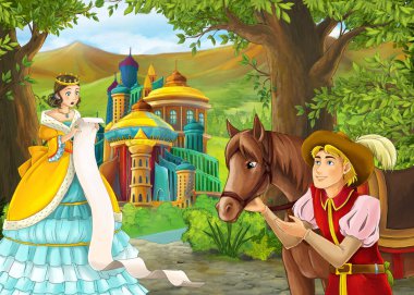 Güzel kale ile Karikatür doğa sahnesi - çocuklar için illüstrasyon