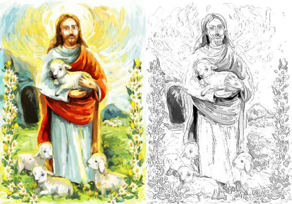 Спокойный Иисус Мессия Воскресение Природой Фон Эскизом Иллюстрация Детей — стоковое фото