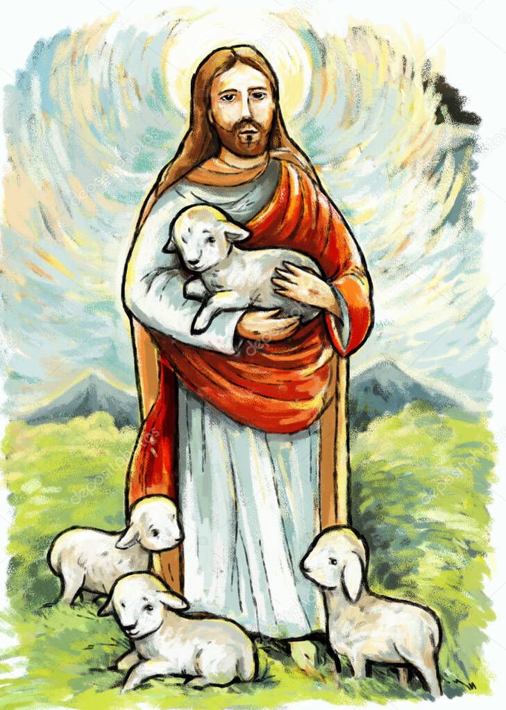 calm jesus messiah and resurrection with nature background - illustration for children