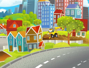 Arabaların şehirde hareket ettiği komik görünümlü çizgi film sahnesi - çocuklar için illüstrasyon