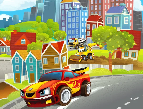 Cartoon funny looking scene with cars vehicles moving in the city - illustration for children