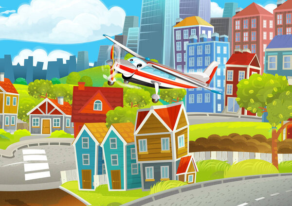 Cartoon funny looking scene with cars vehicles moving in the city - illustration for children