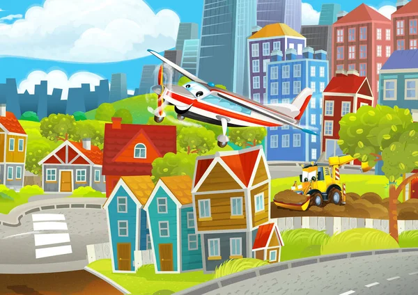 市内を移動する車と漫画の面白い探しているシーン 子供のためのイラスト — ストック写真