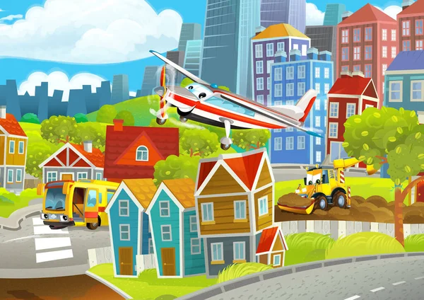 Cartoon funny looking scene with cars vehicles moving in the city - illustration for children
