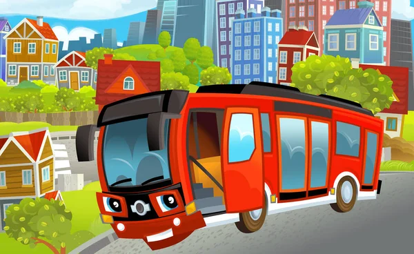 Kreskówka Szczęśliwy Zabawny Sceny Środku Miasta Samochodu Jazdy Przez Ilustracja — Zdjęcie stockowe