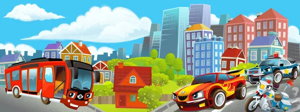 Cartoon Happy Funny Scene Middle City Car Driving Illustration Children — Stock Photo, Image