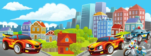 Desenho Animado Cena Feliz Engraçado Meio Uma Cidade Com Carro — Fotografia de Stock