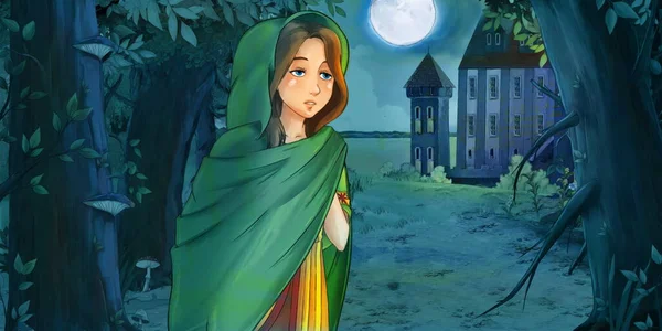 卡通片场景 在城堡附近的森林里与快乐的小女孩在一起 给孩子们的插图 — 图库照片