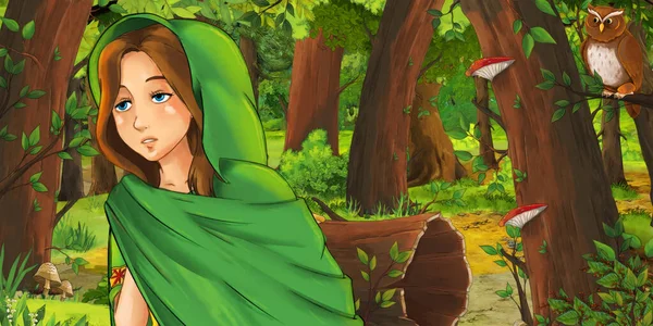 子供のための森のイラストの少女姫と漫画シーン — ストック写真