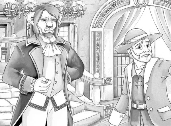 Cartoon Scene Enchanted Prince Beast Medieval Castle Meeting Farmer Illustration — Stock Photo, Image