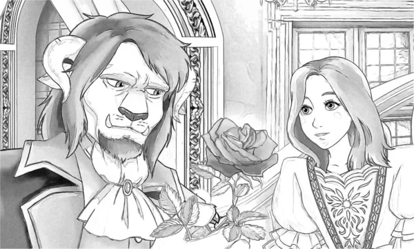 卡通人物与公主和魔法王子在城堡里的童话 儿童插图 — 图库照片
