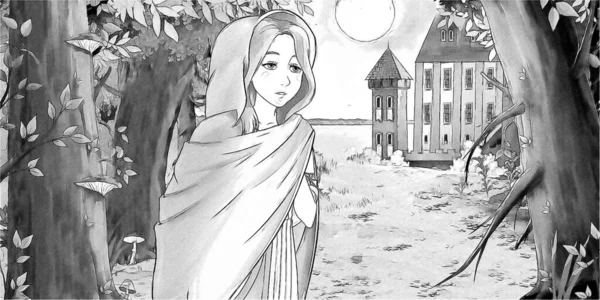 Scène Dessin Animé Avec Une Jeune Fille Heureuse Dans Forêt — Photo