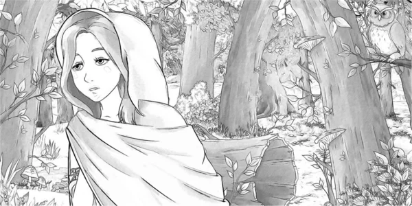 Cartoon Sketch Scene Girl Princess Forest Illustration Children — Stock Photo, Image