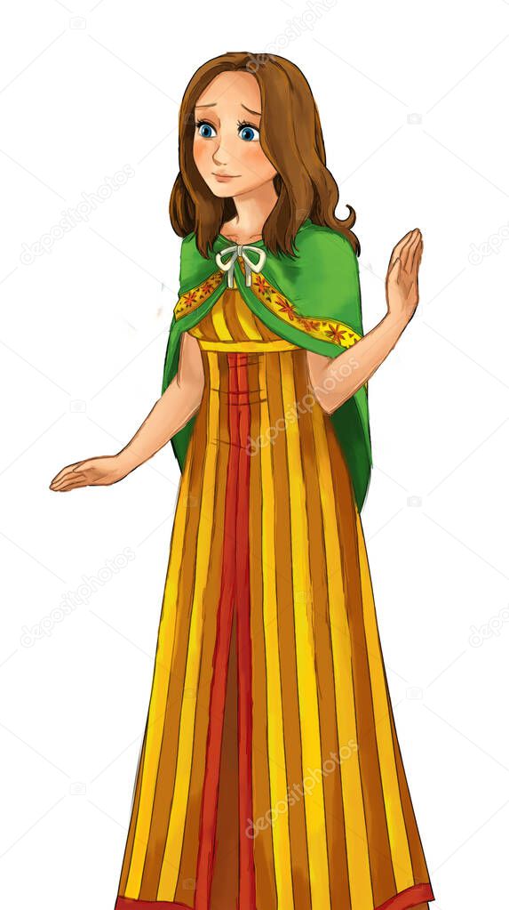 Cartoon girl princess undercover in old clothes on white background- illustration for children