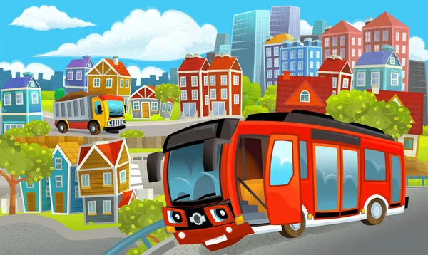 Kreskówka Szczęśliwy Zabawny Sceny Środku Miasta Samochodów Przejeżdżających Ilustracja Dla — Zdjęcie stockowe