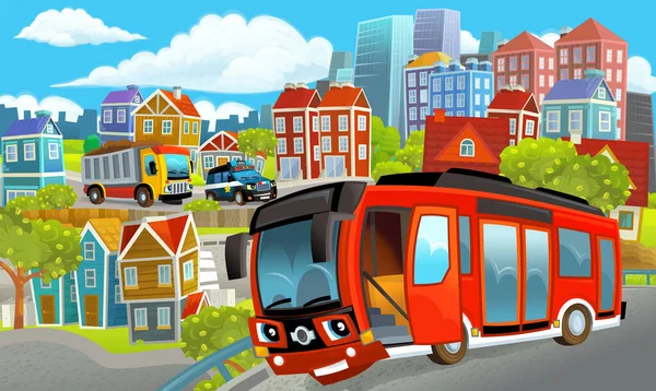 Kreskówka Szczęśliwy Zabawny Sceny Środku Miasta Samochodów Przejeżdżających Ilustracja Dla — Zdjęcie stockowe