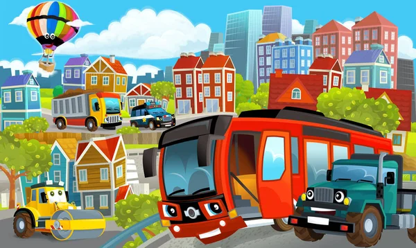 Cartoon Happy Funny Scene Middle City Cars Driving Illustration Children — Stock Photo, Image