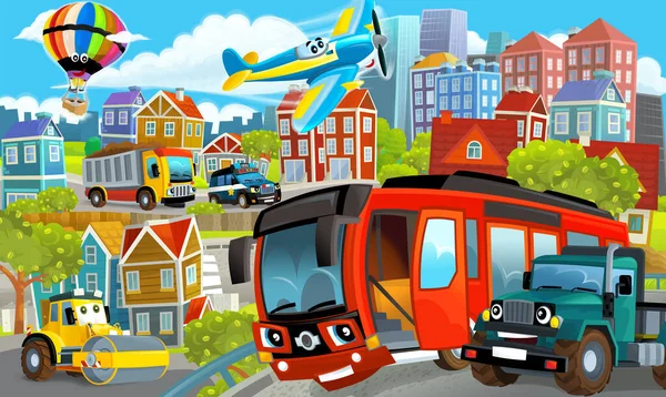 Cartoon Happy Funny Scene Middle City Cars Driving Illustration Children — Stock Photo, Image
