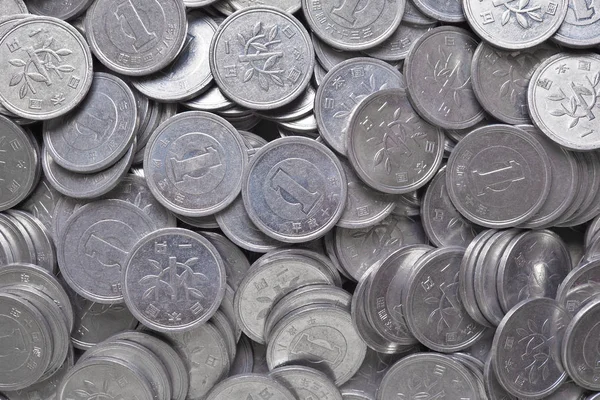 Scattering Many Japanese Coins Yen Gray Blue Background Wallpaper News — ストック写真