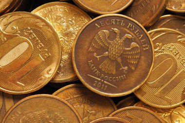 10 rublelik bir Rus sikkesi tarlası. Yüksek detay, keskinlik ve kontrastlı ilüzyon. Ekonomi ve Rusya Merkez Bankası. Yeniden finanse etme oranı. Yukarıdan bak. Makro