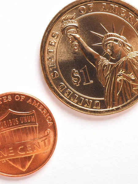 アメリカの硬貨は白い紙の背景にある 隔離されてない投薬量 1ドルと1セント 反対側には自由の女神がいる 国内通貨 上からの眺め マクロ — ストック写真