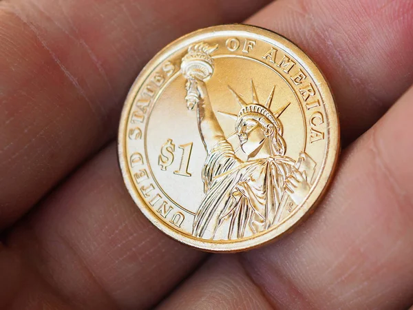 美国硬币在手掌上 1美元硬币接近 关于国家货币 国家预算 美联储 通货膨胀和再融资率的新闻 自由女神像大佬 — 图库照片