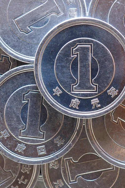 Японские Монеты Йене Крупным Планом Поверхность Многих Монет Информация Новости — стоковое фото