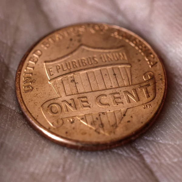 Moeda Americana Centavo Centavo Está Uma Palma Suja Perto Impressionante — Fotografia de Stock