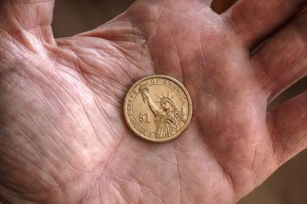 Amerikanische Dollar Münzen Liegen Auf Einer Schmutzigen Handfläche Großaufnahme Eine — Stockfoto