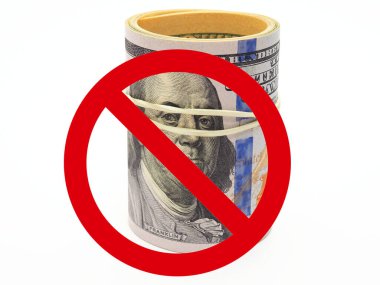 100 dolarlık banknotlarda yasak tabelası. Notlar katlanır, elastik bir bant ile bir araya getirilir ve beyaz arka planda dururlar. İzole değil. Rusya 'da Amerikan dövizi kullanımına kısıtlama