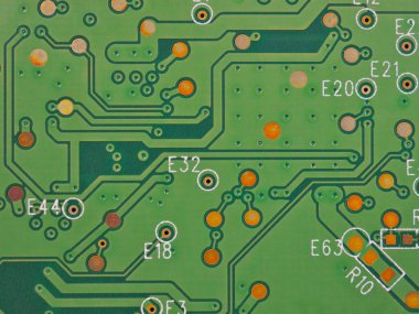 Yeşil baskılı PCB sabit disk. Yazdırılmış kablo panosu PWB 'yi kapatın. Tümevarımsal model. IT & C. Temalı bilgisayar donanım ve donanım için arka plan ya da duvar kağıdı. Güçlü makro