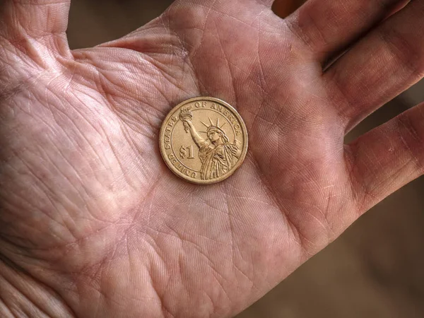 Amerikanische Dollar Münzen Liegen Auf Einer Schmutzigen Handfläche Großaufnahme Eine — Stockfoto