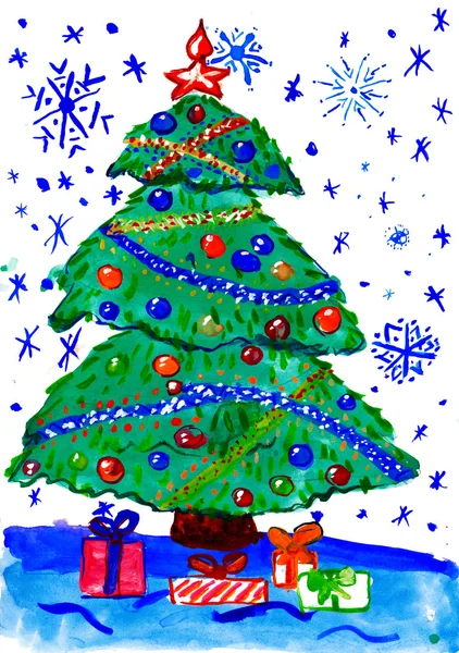 圣诞枞树与雪，水彩纸上绘画 — 图库照片