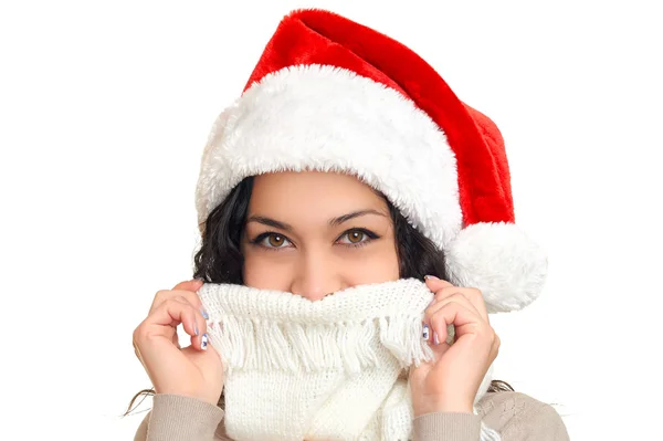 在白色背景，圣诞假日概念上圣诞老人的帽子画像中的女孩 — 图库照片