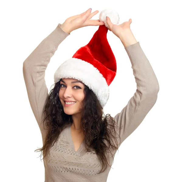 흰색 배경, 크리스마스 휴가 개념에 산타 모자 초상화에 여자 — 스톡 사진